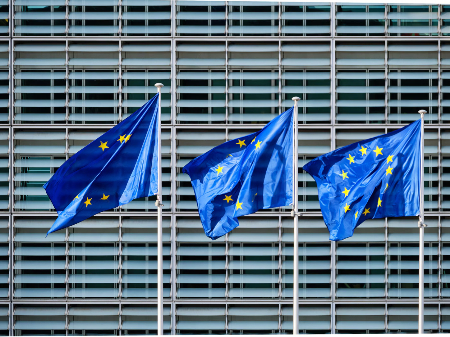 Tre bandiere dell’Unione europea davanti alla facciata di un edificio istituzionale